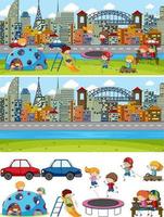 Set of different horizontal scenes background with doodle kids cartoon character vector