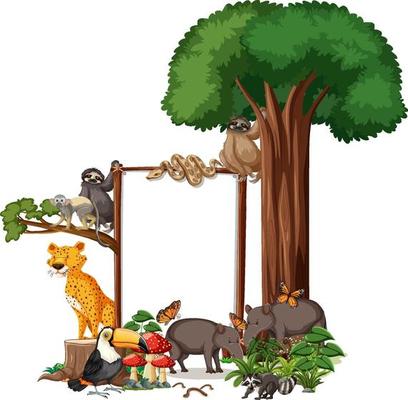 Empty banner with wild animals and rainforest trees on white background