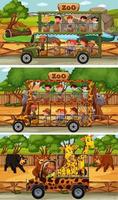 Set of different safari horizontal scenes with animals and kids cartoon character vector