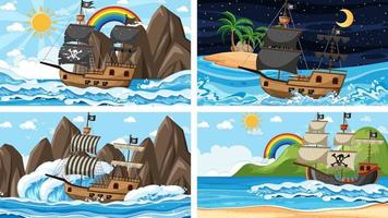 Set of ocean scenes at different times with Pirate ship in cartoon style vector