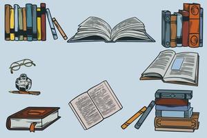 Set collection of hand drawn icons of school equipment. Stack of book with old retro writing instrument and glasses. Vector illustration on the theme of library, books, reading vintage sketch