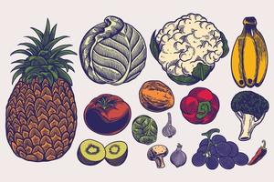 gran conjunto de verduras ilustraciones dibujadas a mano en estilo grabado. bocetos de diferentes alimentos. elementos aislados detallados sobre fondo blanco, perfecto para menú, diseño de libros. concepto de estilo de vida saludable vector