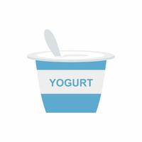 Flat vector illustration yoghurt cream icon. Colored yogurt cup with a spoon isolated on white background. Vector element can be used for cream, yogurt, custard design concept in cartoon style.