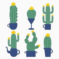 Set of six illustrations of cute cartoon cactus and succulents with funny faces in pots. Cactuses with light green color.Vector illustration. Can be used for cards, invitations or like sticker vector