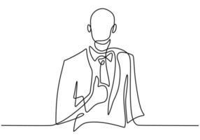 One single continuous line drawing of young professional businessman is standing and give thumbs up gesture. Success business manager concept isolated on white background. Vector illustration