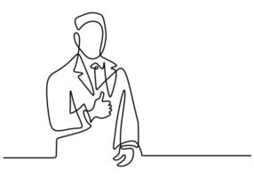 One single continuous line drawing of young professional businessman is standing and give thumbs up gesture. Success business manager concept isolated on white background. Vector illustration