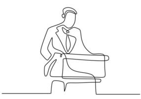 One continuous single line drawn character professional businessman of business coach speaking. A manager giving a speech business strategy. Speech concept with a man on podium. Vector illustration