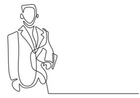 One continuous single line drawing of young businessman stand up and carrying laptop or tablet smartphone on his hand isolated on white background. Business service excellence concept vector