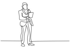 One continuous single line drawing of young businessman stand up and carrying laptop or tablet smartphone on his hand isolated on white background. Business service excellence concept vector