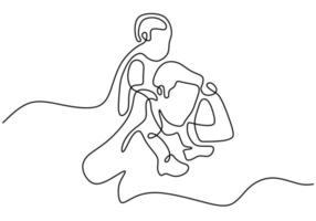 One continuous single line drawing of a daddy carries the child on the shoulders. Happy little child playing with his father isolated on white background. Character dad and his kid minimalism design vector