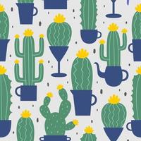 Cute hand drawn seamless pattern with cartoon cactus and succulents in pots. Vector illustration. Can be used like pattern for textile, wrapping paper, cards and party invitations