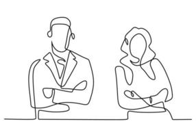 Continuous line drawing of two business people standing pose with arms crossed. Businessman and businesswoman standing with gentle and confident pose. Minimalism design vector illustration