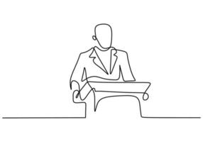 One continuous single line drawn character professional businessman of business coach speaking. A manager giving a speech business strategy. Speech concept with a man on podium. Vector illustration