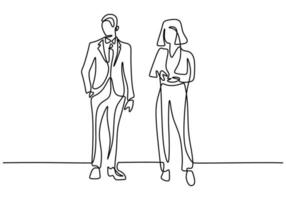 Continuous line drawing of two business people standing pose together. Businessman and businesswoman standing with gentle and confident pose. Minimalism design vector sketch illustration