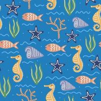 Underwater world vector illustration. Hand painted seamless pattern with colorful sea inhabitants, starfish, sea shells, sea horses, seaweed, coral reefs, algae and other underwater plants