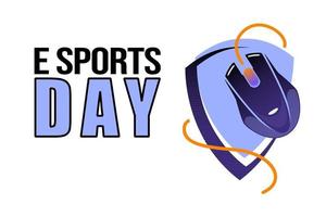 Esports game day poster for tournament events. PC Mouse on shield with space for text, cartoon vector illustration. Cybersport technology blue logo on white background. Concept for gamer stream cover