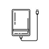 Línea icono de unidad de disco duro externo con cable usb aislado sobre fondo blanco. powerbank para cargar dispositivos móviles. disco duro externo portátil. Ilustración de vector de unidad de memoria.