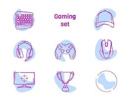 videojuegos - conjunto de iconos de línea. colección de diseño de contorno moderno de jugador con mancha de color de acento. joystick, teclado, gorra del equipo, taza, gamepad, auriculares, mouse, monitor, icono vacío. vector blanco aislado