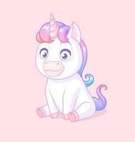 Cute white baby unicorn sitting. Vector cartoon character isolated on pink background.