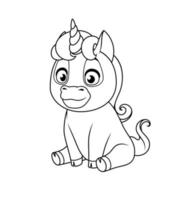 lindo bebé unicornio blanco sentado. vector ilustración en blanco y negro para colorear página.