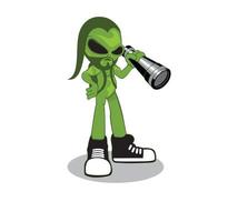 Green alien character wearing shoes, backpack and holding telescope isolated white background design vector