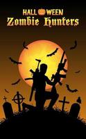 halloween zombie hunter with machine gun at graveyard vector