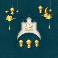 Eid Mubarak square background with gold ornaments vector