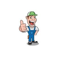 Funny worker smiling and  wearing hat giving thumbs up cartoon design vector