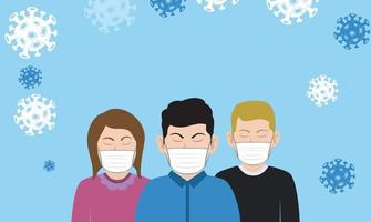 3 personas que usan mascarilla quirúrgica con diseño de coronavirus covid-19 vector