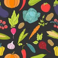 Raw vegetables, cabbage, carrots, tomatoes, beets on a dark gray background. Vector seamless pattern in flat style