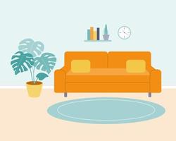 A living room with an orange sofa, a wall shelf with books, a clock, a monstera plant in a pot. Vector minimalistic illustration in a flat style