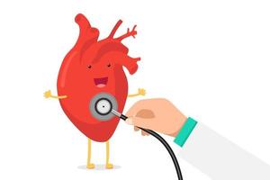 Cute cartoon smiling healthy heart character happy emoji emotion and hand holding stethoscope check rate. Funny circulatory organ cardiology. Vector eps illustration