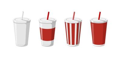 Disposable paper beverage cup templates set for soda with drinking straw. 3d blank white big red striped cardboard soft drinks packaging collection vector flat illustation