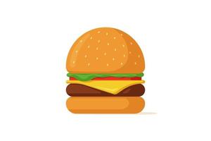 Burger fast food isolated. Hamburger with tomato bow greens juicy fried beef cutlet cheese slice in golden bun with sauce. Cheeseburger flat vector illustration