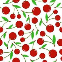 Cherry seamless pattern on white background. Fresh red berry with green leaves flat vector illustration