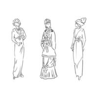 Antique dressed lady. Old fashion vector illustration. Victorian woman in historical dress. Vintage stylized drawing, retro woodcut style. retro dress, vector sketch on white background