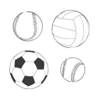 Ilustración de dibujo vectorial balones deportivos de fútbol, voleibol, béisbol. Boceto de vector de pelotas de deportes sobre fondo blanco