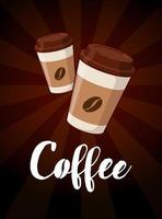Take out two paper coffee cups with hand drawn lettering for cafe drink and beverage menu poster design. Vector Illustration