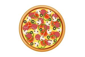 pizza con rodajas de tomate champiñones salami salchicha cebolla pimiento aceitunas negras y queso. Ilustración de vector aislado de comida rápida italiana