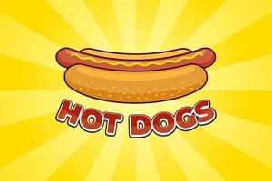 Cartoon fast food meal hot dog with inscription restaurant advertising poster design template. Hotdog sausage in bread with mustard flat vector promo illustration on yellow rays