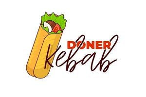 rollo de carne de comida rápida doner kebab con plantilla de diseño de símbolo de publicidad de menú de restaurante de inscripción. comida árabe de shawarma tostado oriental. Ilustración de vector plano de emblema de negocio de shaurma o burrito