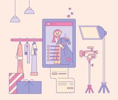 estudio de moda con cámara y luces. pantalla móvil de redes sociales de una niña. Ilustración de vector mínimo de estilo de diseño plano.