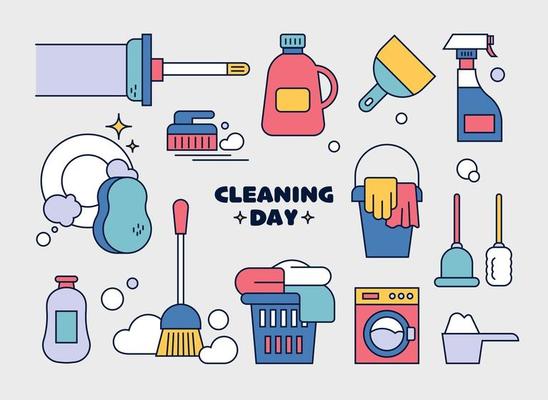 Collection of cleaning tools. outline simple vector illustration.