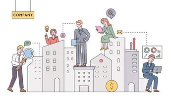 Real estate managers. Business fiddles are working around high-rise buildings. flat design style minimal vector illustration.