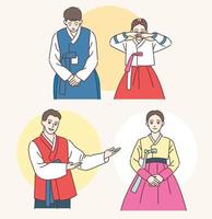 una pareja con trajes tradicionales coreanos dice un saludo tradicional. ilustraciones de diseño de vectores de estilo dibujado a mano.