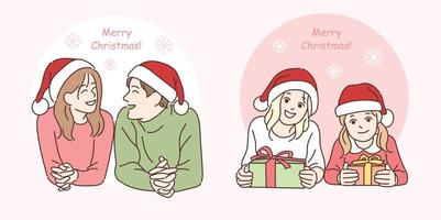 una pareja y hermanas con gorros de santa. ilustraciones de diseño de vectores de estilo dibujado a mano.