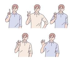 A man counting one to five with his fingers. hand drawn style vector design illustrations.