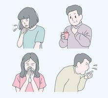 People with colds are coughing and sneezing. hand drawn style vector design illustrations.