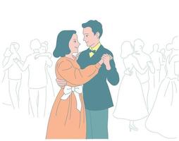 parejas con vestidos y trajes bailan en la fiesta. ilustraciones de diseño de vectores de estilo dibujado a mano.