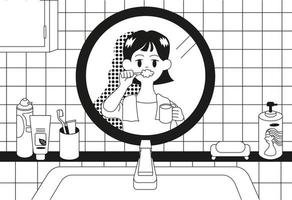 A girl is looking in the bathroom mirror and brushing her teeth. hand drawn style vector design illustrations.